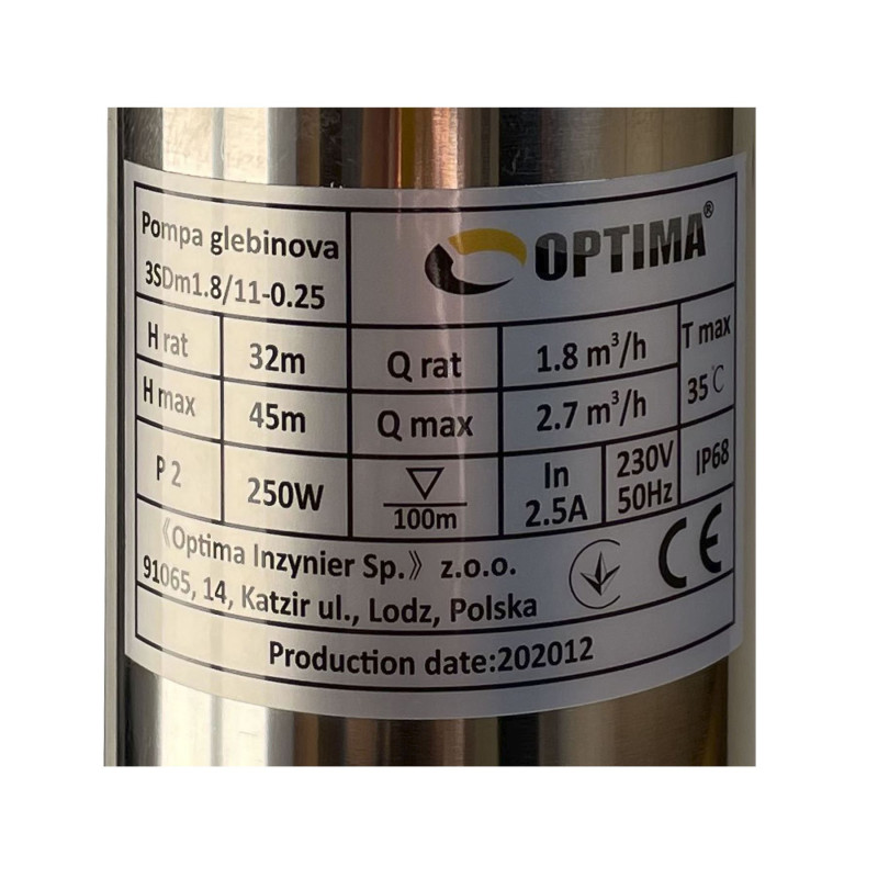Насос свердловинний з вуст, до піску 3″ OPTIMA 3SDm1,8/11 0,25 кВт 45м + пульт+кабель 1,5м NEW
