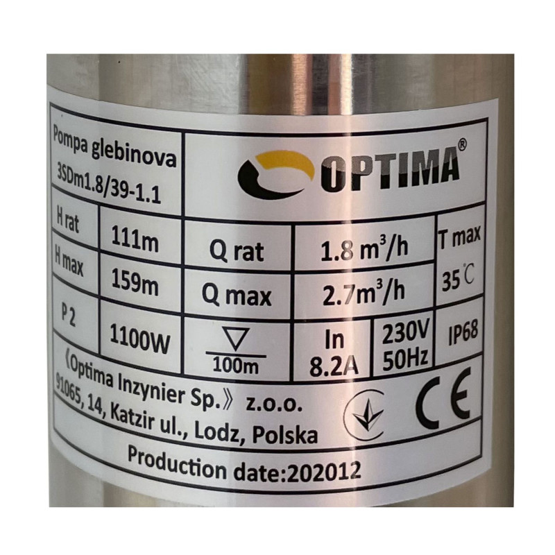 Насос свердловинний з вуст, до піску 3″ OPTIMA 3SDm1,8/39 1,1 кВт 159м + пульт+кабель 1,5м NEW