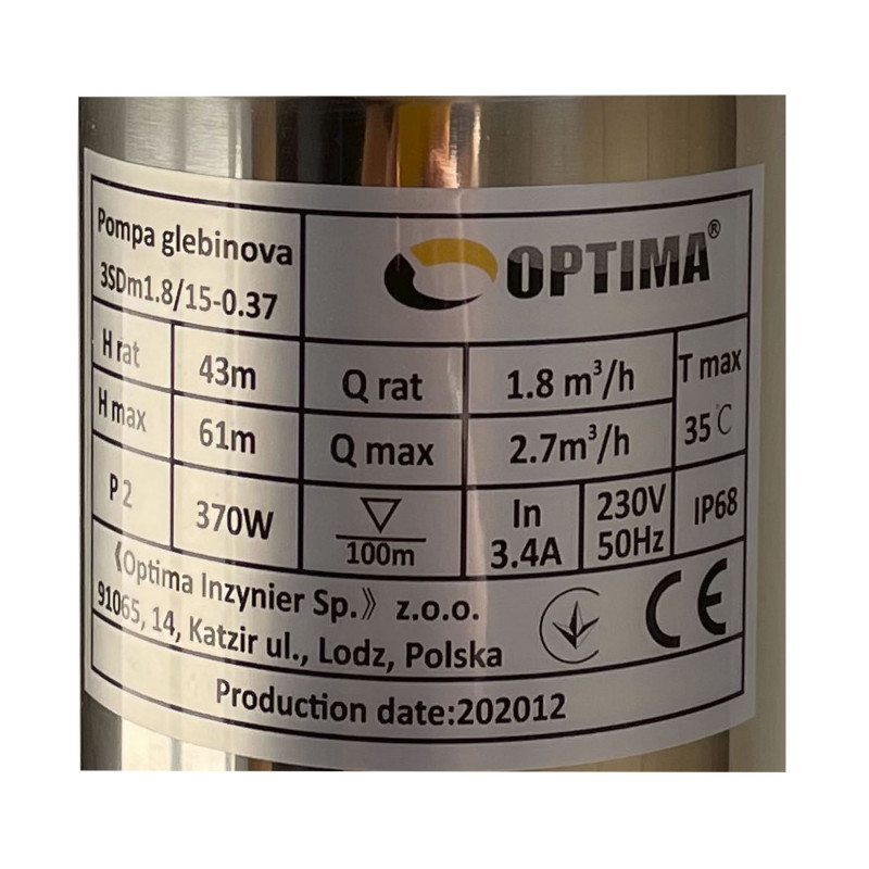 Насос свердловинний з вуст, до піску 3″ OPTIMA 3SDm1,8/15 0,37 кВт 61м + пульт+кабель 1,5м NEW