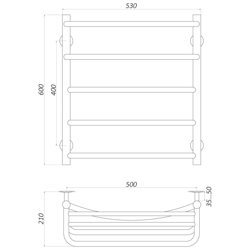 Полотенцесушитель UNIO Op W 600-500-5 Оливия с полкой вода