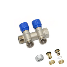 C322N01QB Колектор кутовий (з гайками) Ø3/4&Prime; x 2 виходи x 24-19 (сині ручки) нікель Carlo Poletti Srl