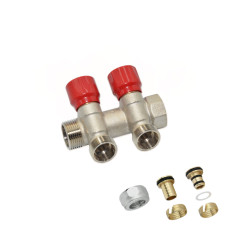 C322N01QR Колектор кутовий (з гайками) Ø3/4&Prime; x 2 виходи x 24-19 (червоні ручки) нікель Carlo Poletti Srl