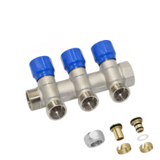 C323N01QB Колектор кутовий (з гайками) Ø3/4&Prime; x 3 виходи x 24-19 (сині ручки) нікель Carlo Poletti Srl