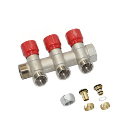 C323N01QR Колектор кутовий (з гайками) Ø3/4&Prime; x 3 виходи x 24-19 (червоні ручки) нікель Carlo Poletti Srl