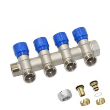 C324N01QB Колектор кутовий (з гайками) Ø3/4&Prime; x 4 виходи x 24-19 (сині ручки) нікель Carlo Poletti Srl