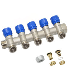 C325N01QB Колектор кутовий (з гайками) Ø3/4&Prime; x 5 виходів x 24-19 (сині ручки) нікель Carlo Poletti Srl