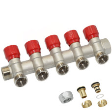 C325N01QR Колектор кутовий (з гайками) Ø3/4&Prime; x 5 виходів x 24-19 (червоні ручки) нікель Carlo Poletti Srl