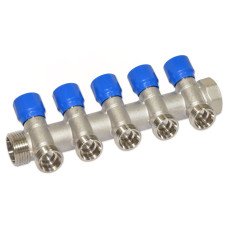 C325N12QB Колектор кутовий Ø1&Prime; x 5 виходів x 3/4&Prime; EK (сині ручки) нікель Carlo Poletti Srl