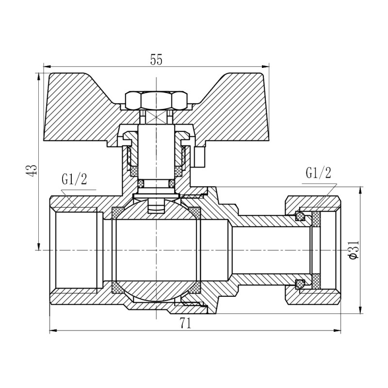 Кран кульовий з накидною гайкою Thermo Alliance Forte 1/2"х ВР для води прямий SF260W15