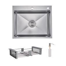 Комплект Lidz Handmade H6050H Мийка для кухні інтегрована Decor Honeycomb у комплекті з дозатором + Lidz K01G Корзина для кухонної мийки