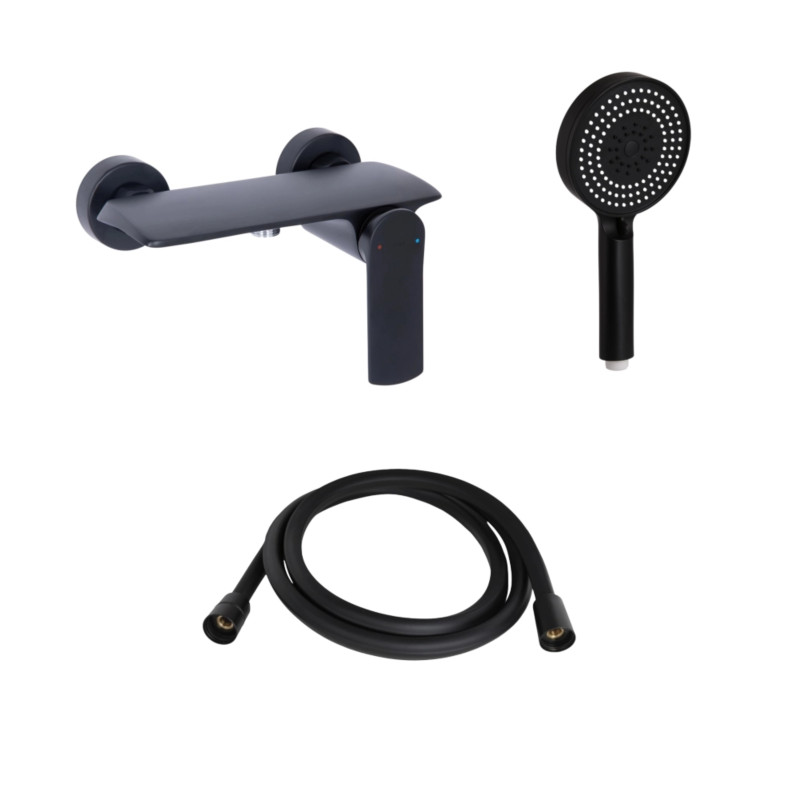 Комплект Qtap Slavonice Black Matt: Змішувач  QTROB4060102B + Шланг QTHADPVCSQ160B + Лійка QTRUC125BLM45951