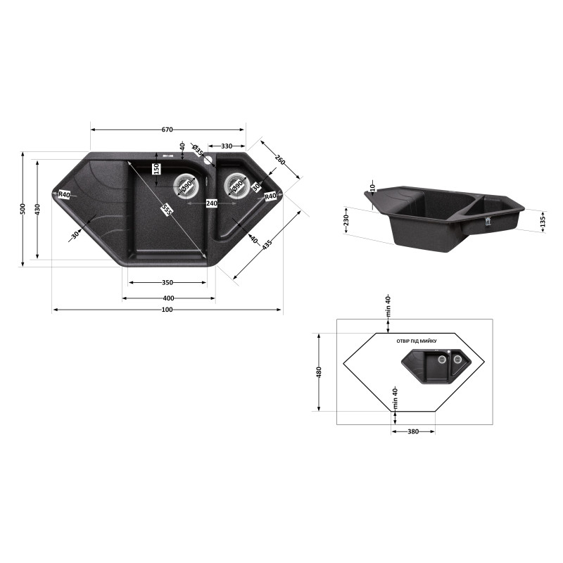 Кухонна мийка з додатковою чашею Lidz 1000x500/225 GRF-13 (LIDZGRF131000500225)