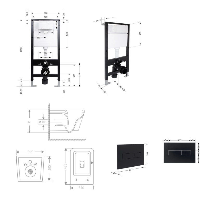 Готове рішення Qtap для ванної кімнати: підвісний унітаз Crow Ultra Quiet 485x340x290 + комплект інсталяції Standard (лінійна клавіша Black)