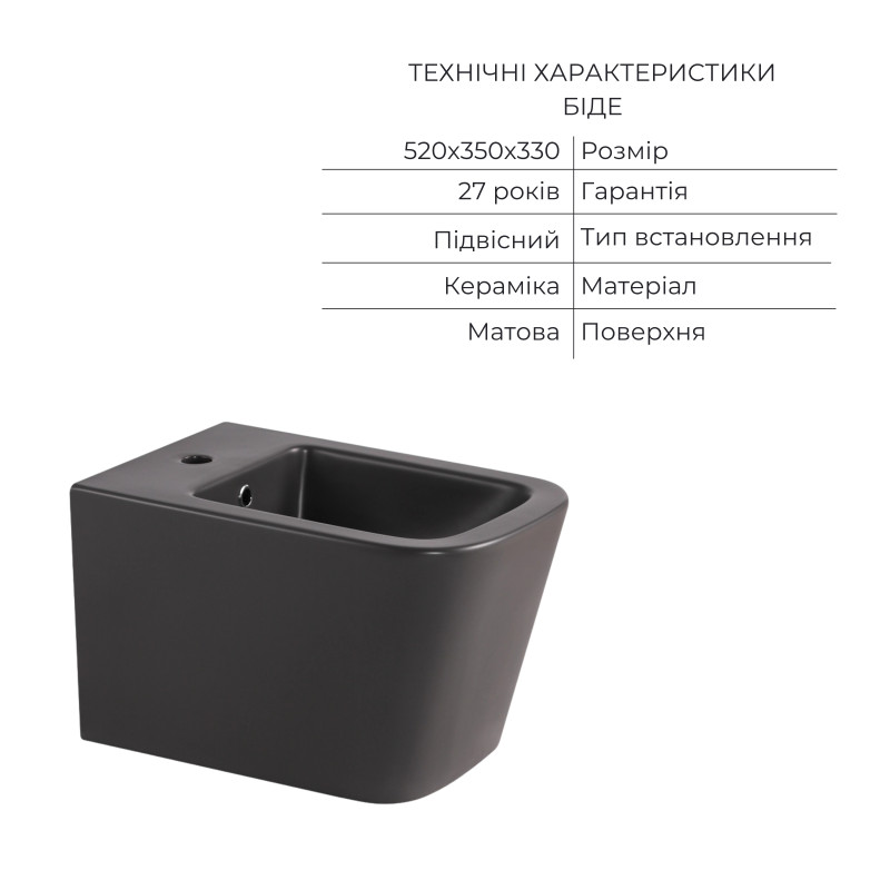 Комплект Qtap Tern Anthracite 3 в 1: підвісний унітаз Ultra Quiet + біде підвісне + раковина накладна QTROBAN49157