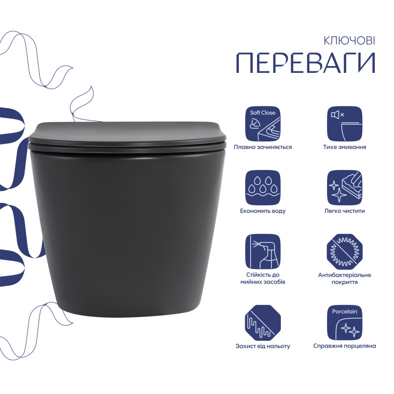 Унітаз підвісний Qtap Robin Ultra Quiet 520×365×340 мм, Anthracite, з сидінням Slim Duroplast / Soft-close / Quick Release QTROB26AN48995