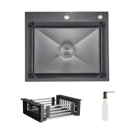 Комплект Lidz Handmade H6050HB Мийка для кухні інтегрована Decor Black PVD Honeycomb у комплекті з дозатором + LIDZK01B Корзина для кухонної мийки