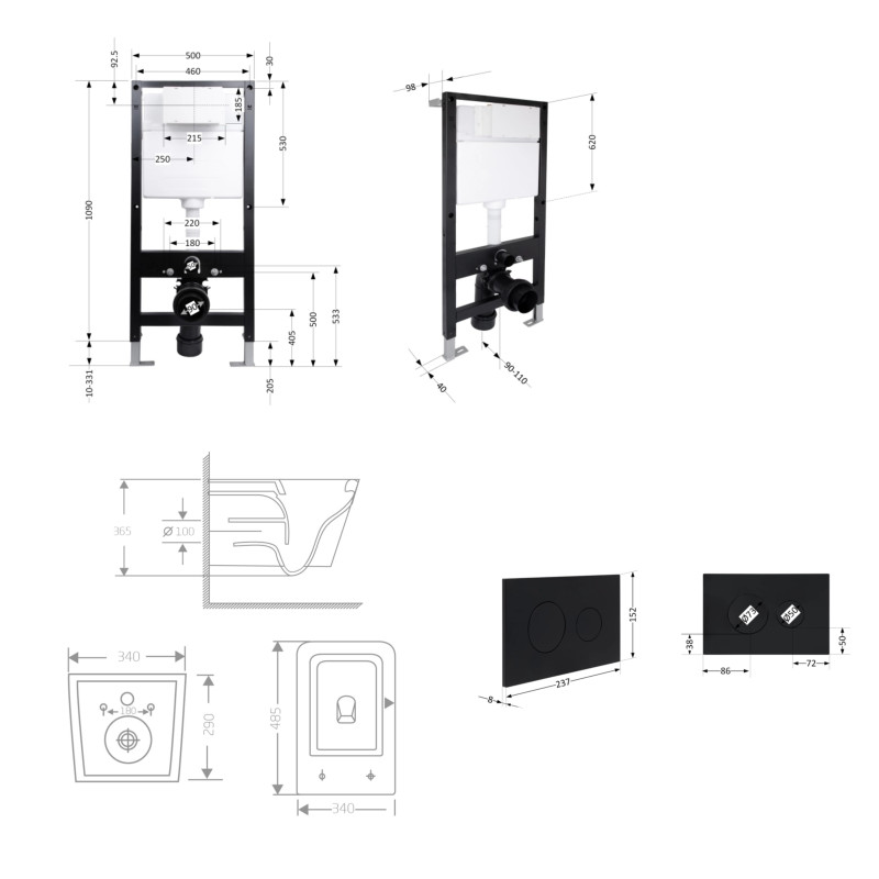 Готове рішення Qtap для ванної кімнати: підвісний унітаз Crow Ultra Quiet 485x340x290 + комплект інсталяції Standard (кругла клавіша Black)