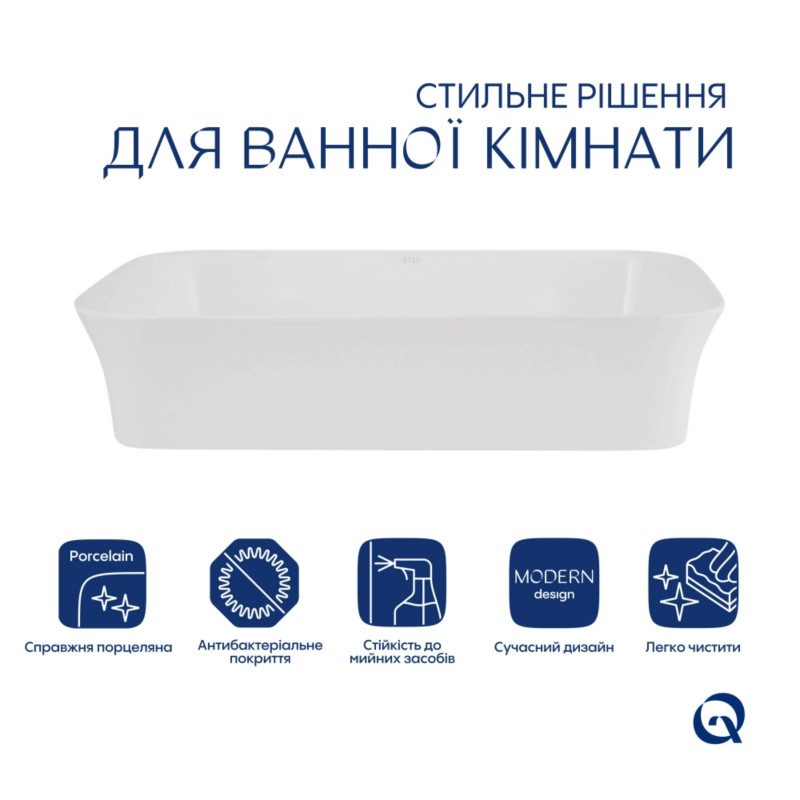 Комплект Qtap Virgo N: Раковина накладна 560x380x130 мм, White, прямокутна + Донний клапан Pop-up PU02