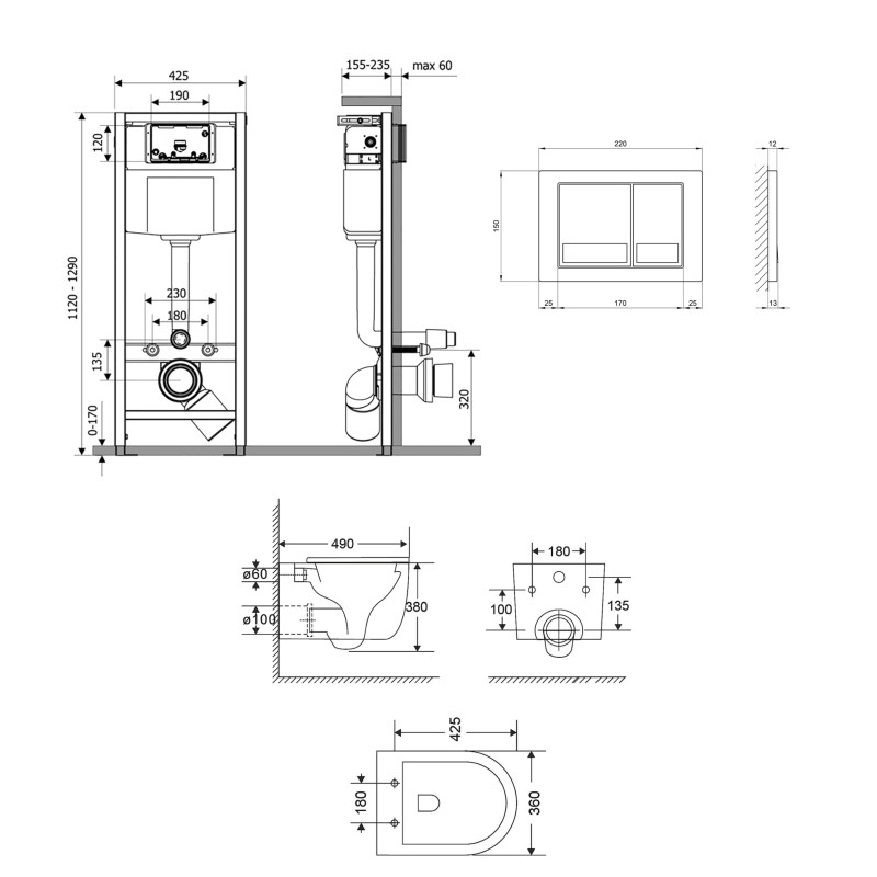 Готове рішення Qtap для ванної кімнати: підвісний унітаз Taurus Ultra Quiet 485×360×350 + комплект інсталяції Nest 4 в 1 (квадратна клавіша Satin)