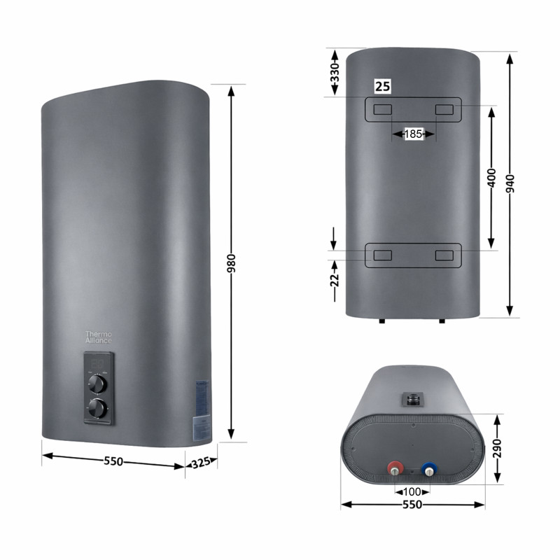 Водонагрівач електричний Thermo Alliance 80 л Grey, плоский вертикальний, мокрий ТЕН 2 кВт (0,8+1,2) DT80V20G(PD)/2G