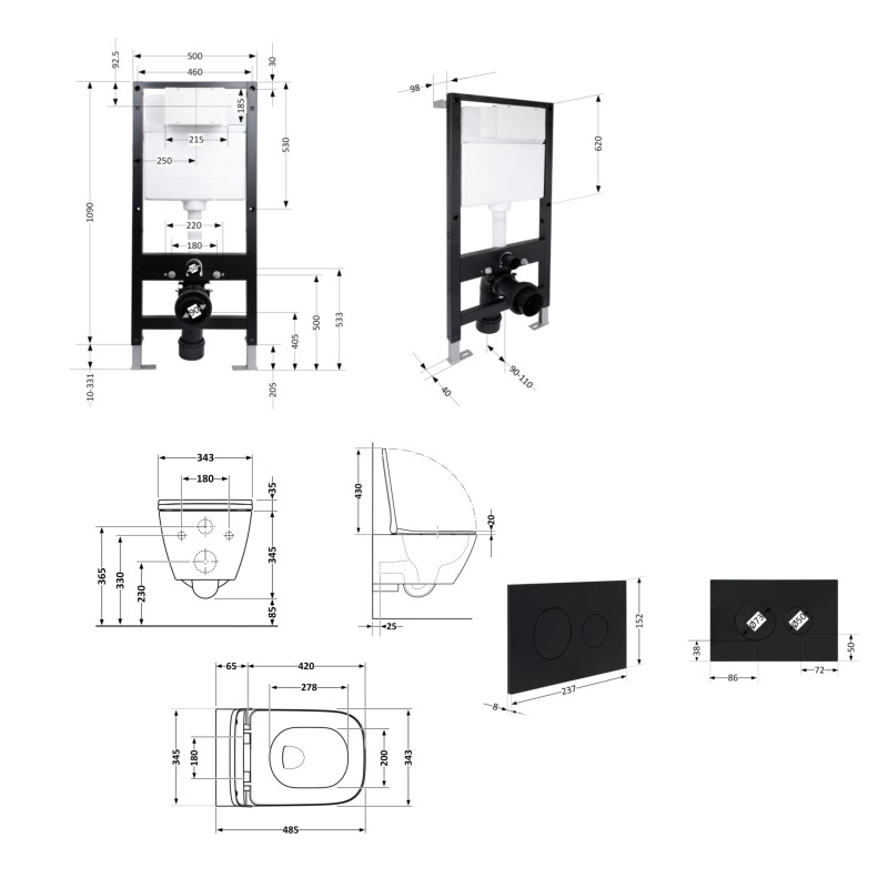 Готове рішення Qtap для ванної кімнати: підвісний унітаз Gemini Ultra Quiet 485x340x350 + комплект інсталяції Standard (кругла клавіша Black)