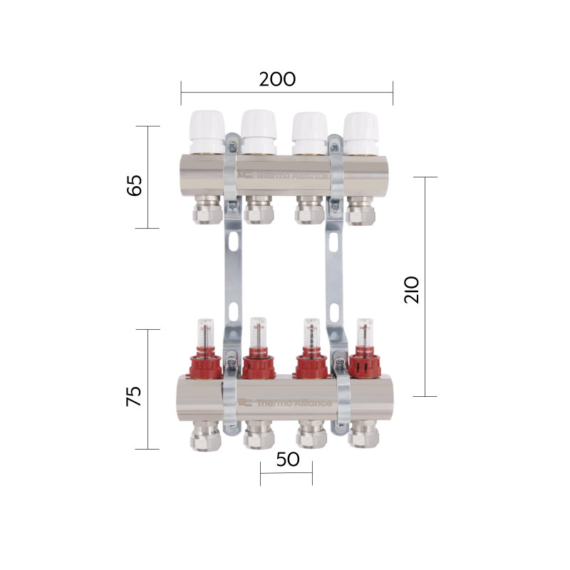 Колектор латунний з витратомірами та євроконусами Thermo Alliance Standart 1" на 4 виходи TAS235W4E