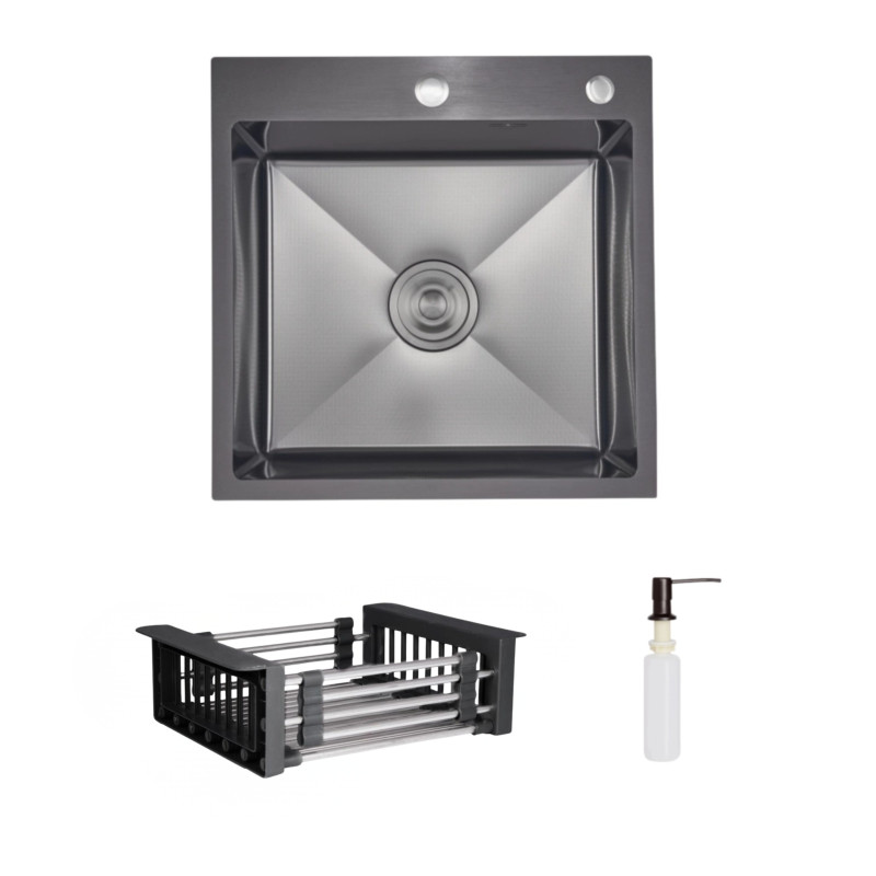 Комплект Lidz Handmade H5050HB Мийка для кухні інтегрована Decor Black PVD Honeycomb у комплекті з дозатором + Lidz LIDZK01B Корзина для кухонної мийки