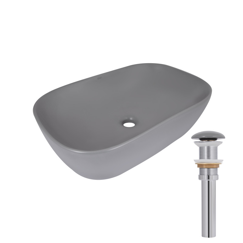 Раковина накладна Qtap Robin 600x390x150 мм, Stone grey, прямокутна, з донним клапаном QTROB188SG49786